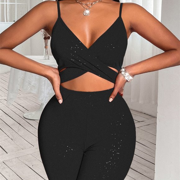 Women's Solid Color Yoga-ready Crossover Crop Cutout Jumpsuit Short Tights - Picture 1 of 2